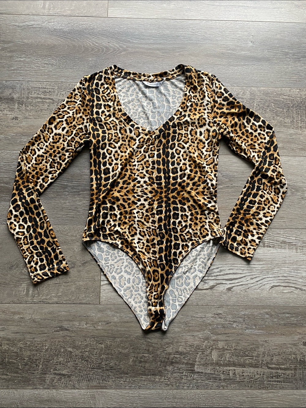 Mangopop Leopard Print Long Sleeve One Piece Bodysuit Womens Sz Medium Black Tan
